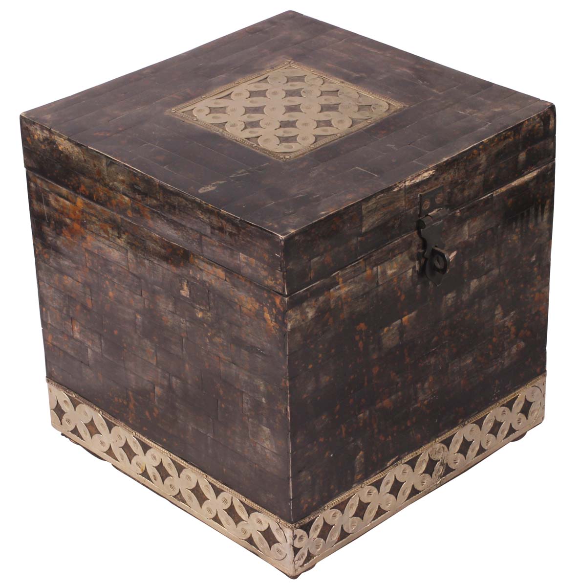 9” Square Jewelry-Box in Natural-Bone and Wood with Floral Metal-Work - Black - Antique-Look Storage Boxes / Gifts - Buy in Bulk Wholesale