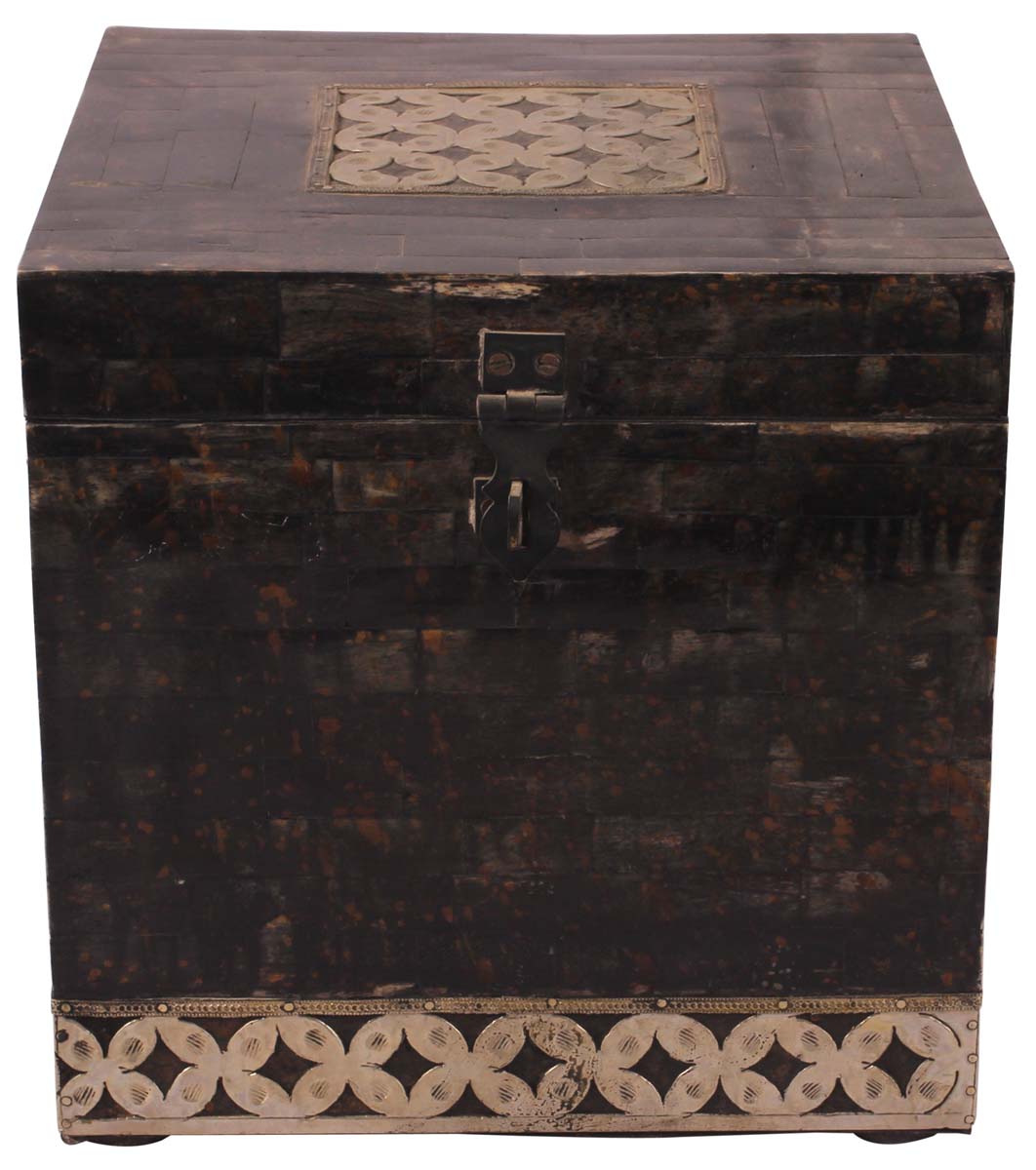 9” Square Jewelry-Box in Natural-Bone and Wood with Floral Metal-Work - Black - Antique-Look Storage Boxes / Gifts - Buy in Bulk Wholesale