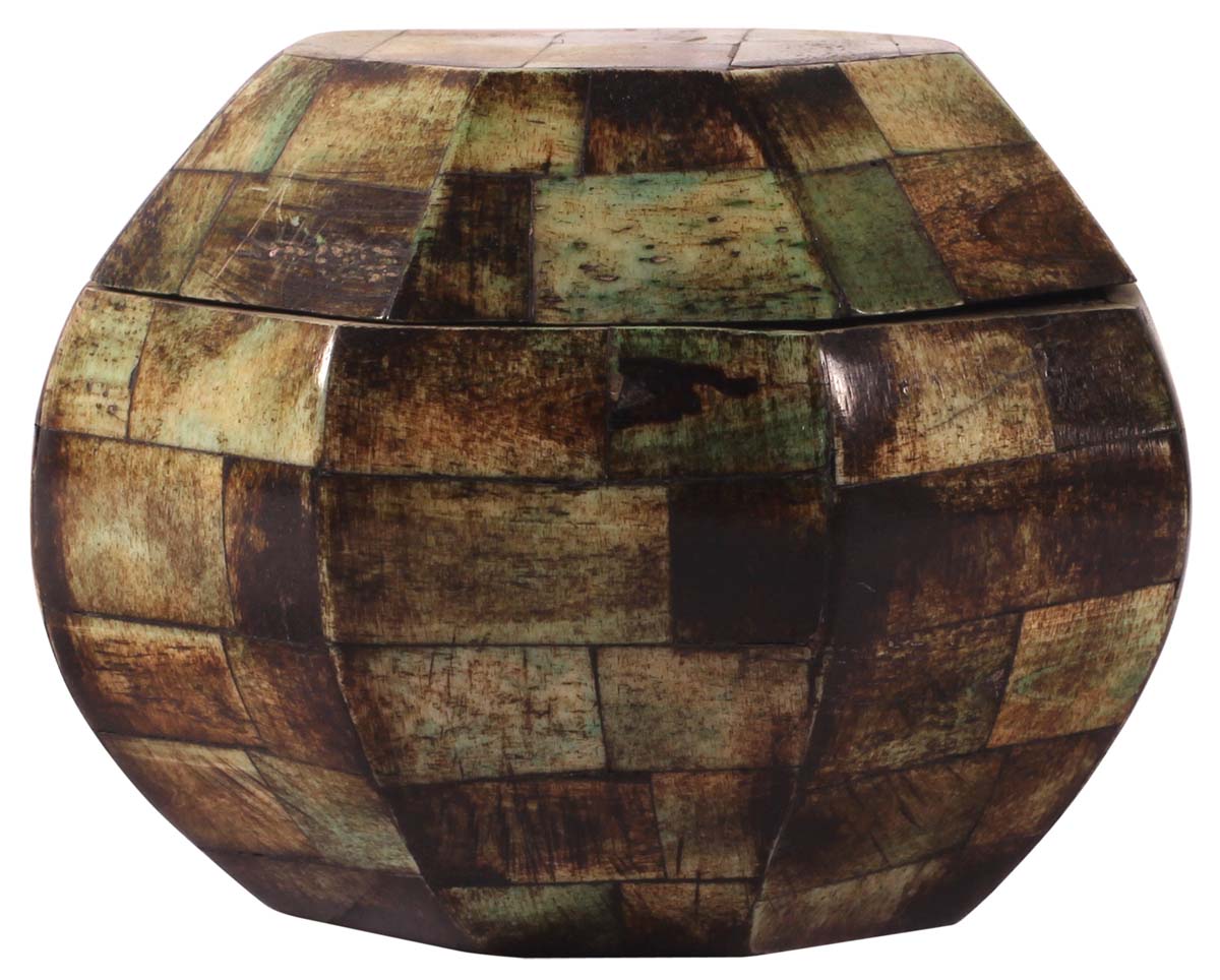 4” Cute Octagonal Jewelry-Box with Lid in Natural-Bone & Wood - Olive-Green - Antique-Look Storage Boxes / Gifts - Buy in Bulk Wholesale