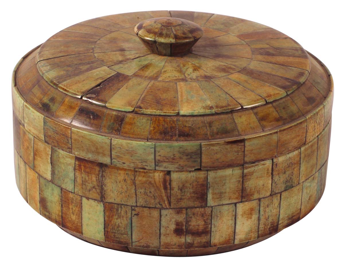 7” Round Jewelry-Box with Lid in Natural-Bone & Wood - Olive-Green - Antique-Look Storage Boxes / Gifts - Buy in Bulk Wholesale