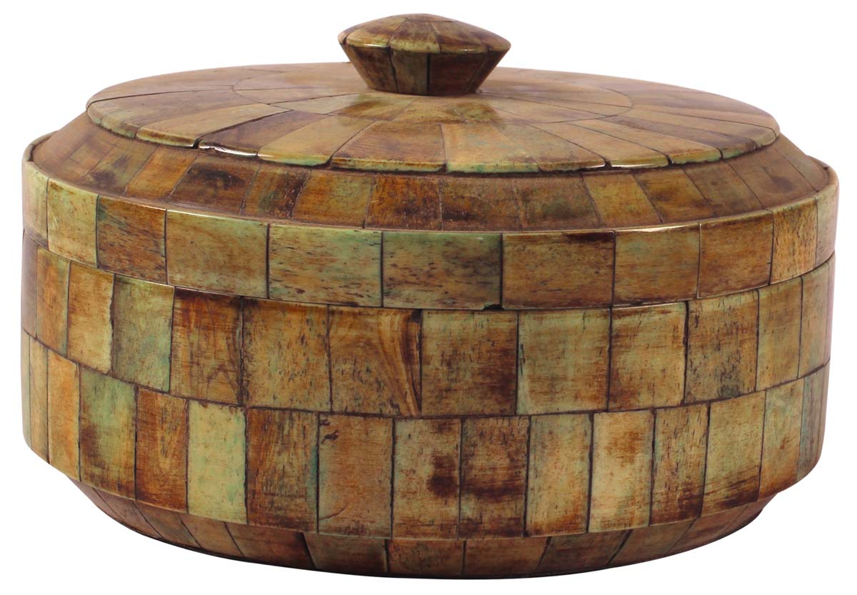 7” Round Jewelry-Box with Lid in Natural-Bone & Wood - Olive-Green - Antique-Look Storage Boxes / Gifts - Buy in Bulk Wholesale