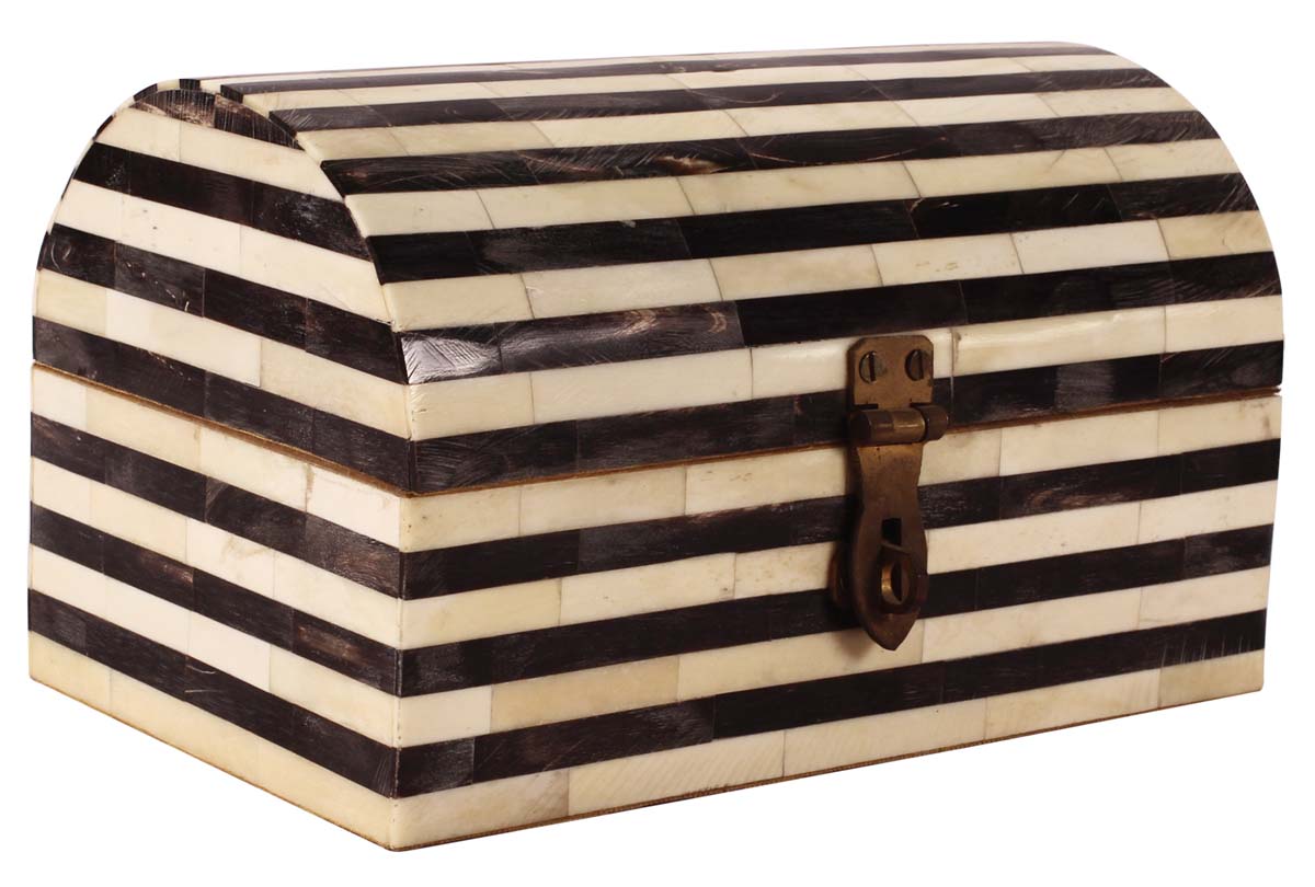 8” Treasure-Chest / Jewelry-Box in Natural-Bone & Wood - Black & White Stripes - Antique-Look Storage Boxes / Gifts - Buy in Bulk Wholesale