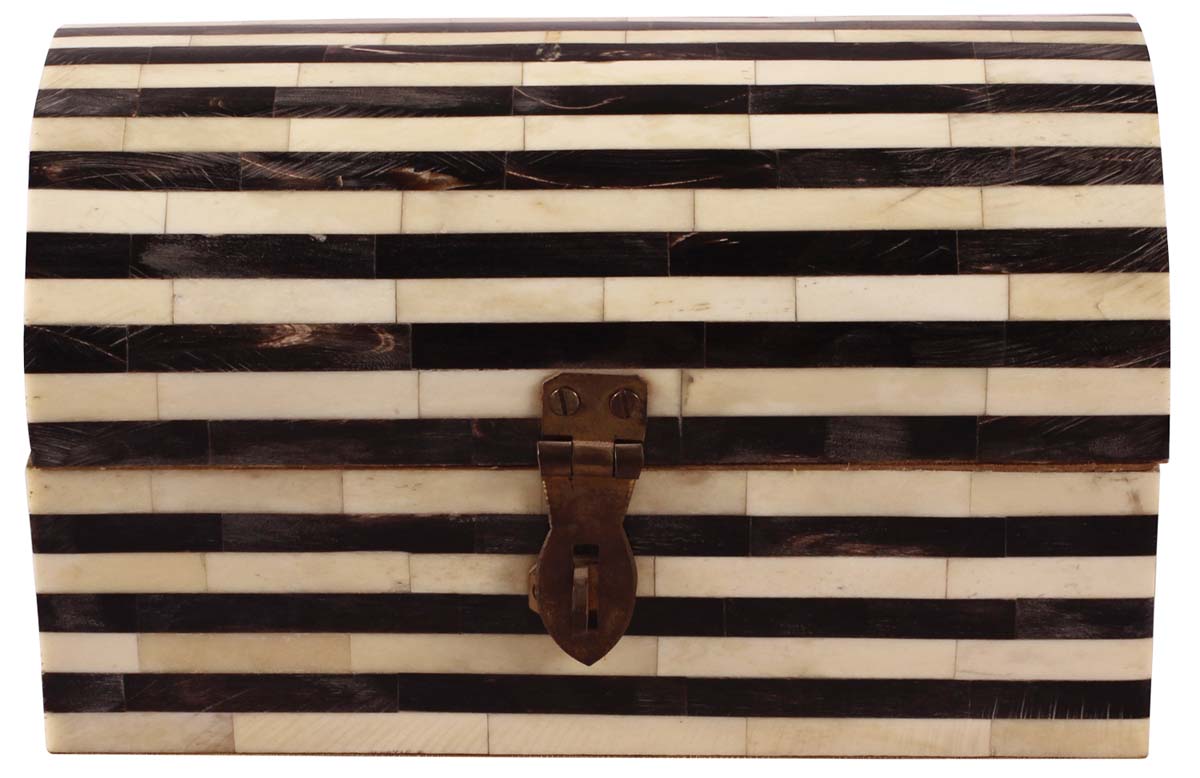 8” Treasure-Chest / Jewelry-Box in Natural-Bone & Wood - Black & White Stripes - Antique-Look Storage Boxes / Gifts - Buy in Bulk Wholesale