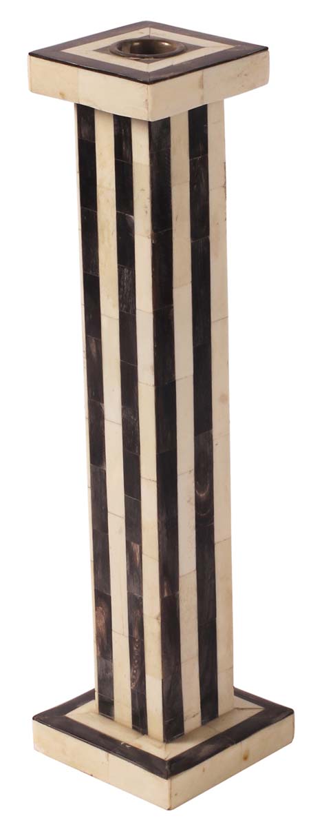 12” Decorative Pillar Candle-Stand in Natural-Bone & Wood - Striped Off-White & Black Pattern - Home Decor / Gifts - Buy in Bulk Wholesale