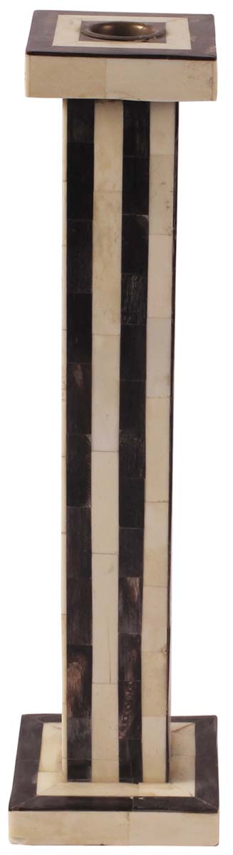 12” Decorative Pillar Candle-Stand in Natural-Bone & Wood - Striped Off-White & Black Pattern - Home Decor / Gifts - Buy in Bulk Wholesale