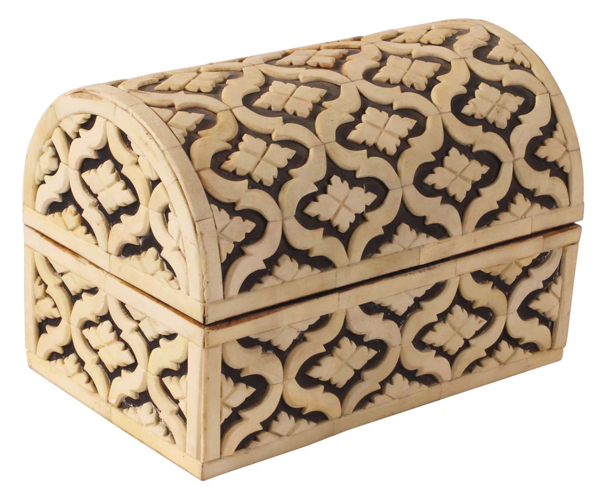 7.5” Treasure Chest / Jewelry-Box in Natural-Bone & Wood - Black & Off-White with Carved Floral Motifs - Antique-Look Storage Boxes / Gifts - Buy in Bulk Wholesale
