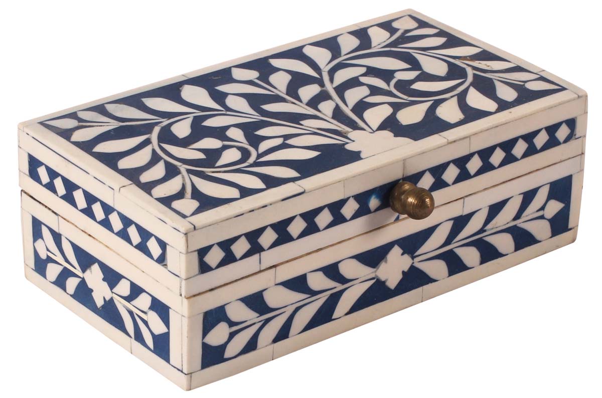 6.5” Rectangular Jewelry-Box in Natural-Bone & Wood - Blue & White with Floral Motifs - Antique-Look Storage Boxes / Gifts - Buy in Bulk Wholesale