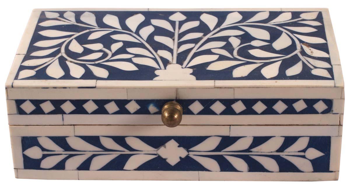 6.5” Rectangular Jewelry-Box in Natural-Bone & Wood - Blue & White with Floral Motifs - Antique-Look Storage Boxes / Gifts - Buy in Bulk Wholesale