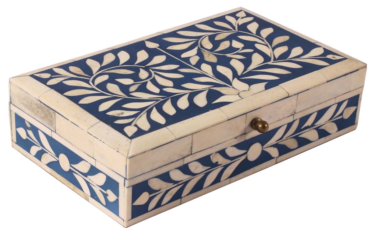 10” Rectangular Jewelry-Box in Natural-Bone & Wood - Blue & White with Floral Motifs - Antique-Look Storage Boxes / Gifts - Buy in Bulk Wholesale