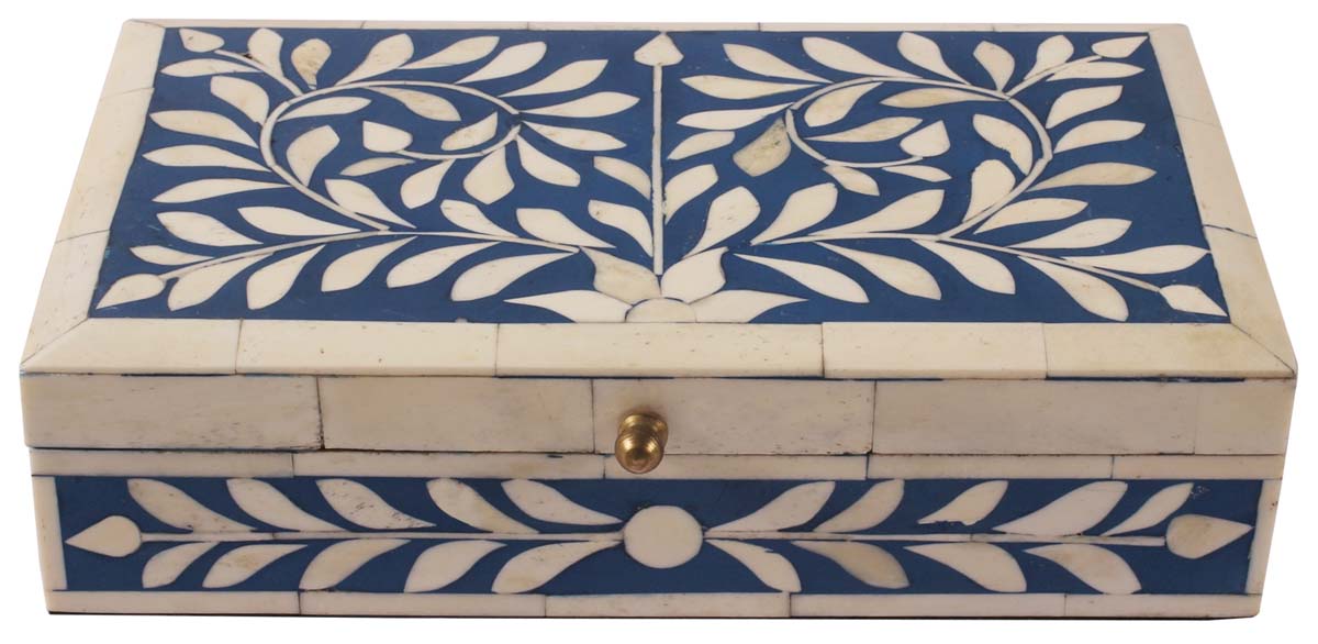 10” Rectangular Jewelry-Box in Natural-Bone & Wood - Blue & White with Floral Motifs - Antique-Look Storage Boxes / Gifts - Buy in Bulk Wholesale