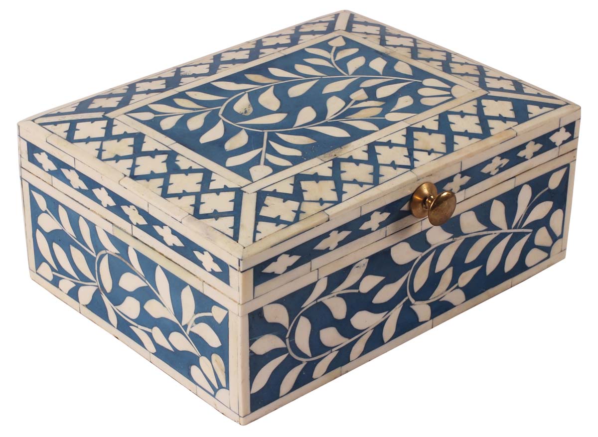 10” Rectangular Jewelry-Box in Natural-Bone & Wood - Blue & White with Traditional Motifs - Antique-Look Storage Boxes / Gifts - Buy in Bulk Wholesale