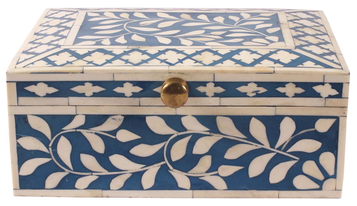 10” Rectangular Jewelry-Box in Natural-Bone & Wood - Blue & White with Traditional Motifs - Antique-Look Storage Boxes / Gifts - Buy in Bulk Wholesale