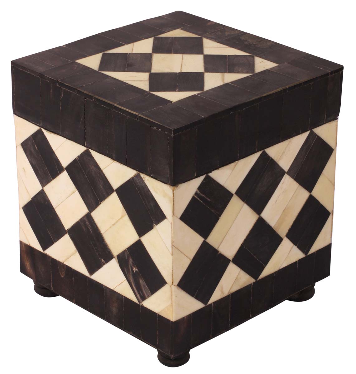 6” Cubical Jewelry-Box in Natural-Bone & Mango-Wood - Black & White with Geometric Motifs - Antique-Look Storage Boxes / Gifts - Buy in Bulk Wholesale