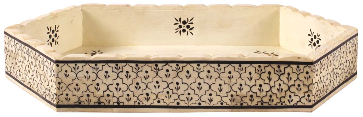 14” Hexagonal Decorative Tray with Floral Pattern - In Bone & Natural Wood - Off-White & Black - Home Decor - Buy in Bulk Wholesale