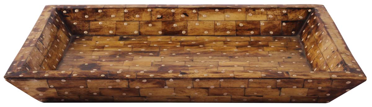 12” Rectangular Decorative Tray with Brick & Dotted Pattern - In Bone & Natural Wood - Burnished Brown Color - Home Decor - Buy in Bulk Wholesale