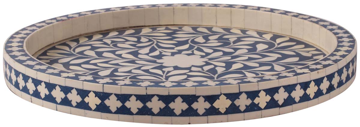 13” Round Decorative Tray with Traditional Floral Pattern - In Bone & Mango-Wood - Blue & White - Home Decor - Buy in Bulk Wholesale