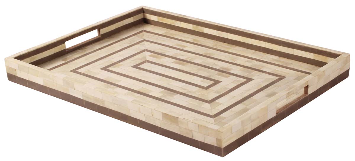 22” Rectangular Decorative Tray with Concentric Rectangular Pattern - In Bone & Mango-Wood - Brown & Off-White - Home Decor - Buy in Bulk Wholesale