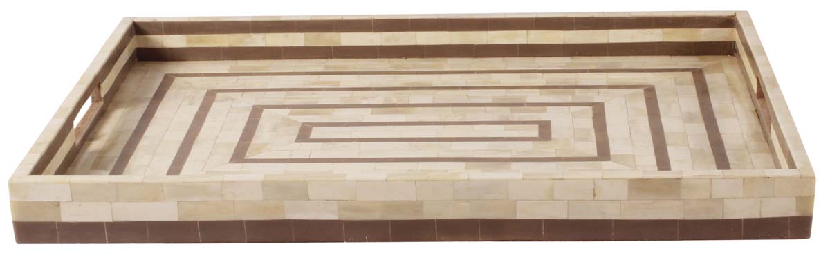 22” Rectangular Decorative Tray with Concentric Rectangular Pattern - In Bone & Mango-Wood - Brown & Off-White - Home Decor - Buy in Bulk Wholesale