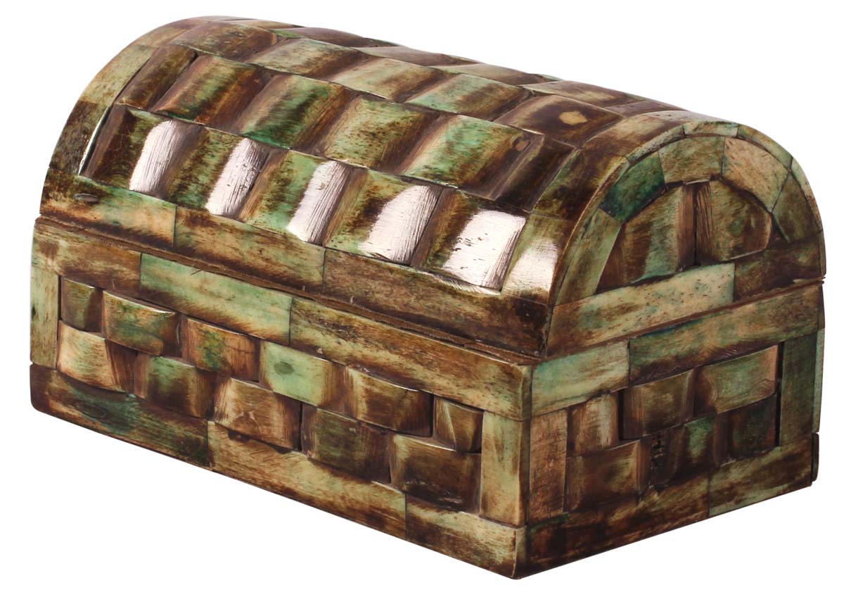 6” Decorative Treasure-Chest / Jewelry Box in Bone & Natural-Wood - Textured Green - Gifts for Her from India - Buy in Bulk Wholesale
