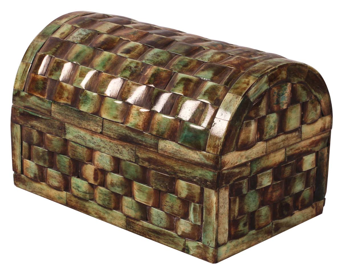 8.5” Decorative Treasure-Chest / Jewelry Box in Bone & Mango-Wood - Textured Green - Gifts for Her from India - Buy in Bulk Wholesale