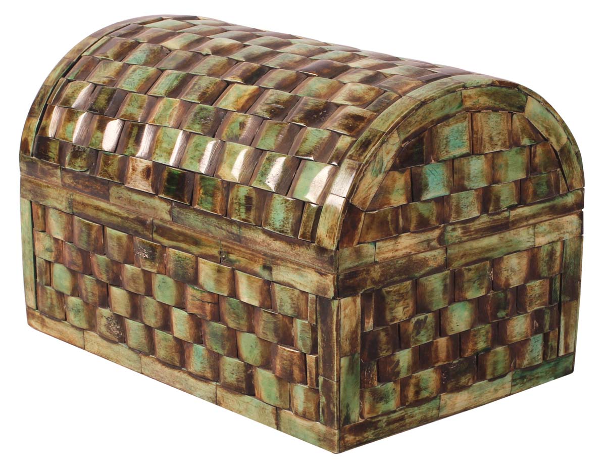 10” Decorative Treasure-Chest / Jewelry Box in Bone & Natural-Wood - Textured Green - Gifts for Her from India - Buy in Bulk Wholesale