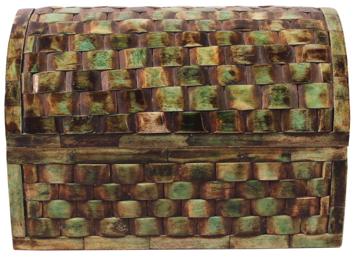 10” Decorative Treasure-Chest / Jewelry Box in Bone & Natural-Wood - Textured Green - Gifts for Her from India - Buy in Bulk Wholesale