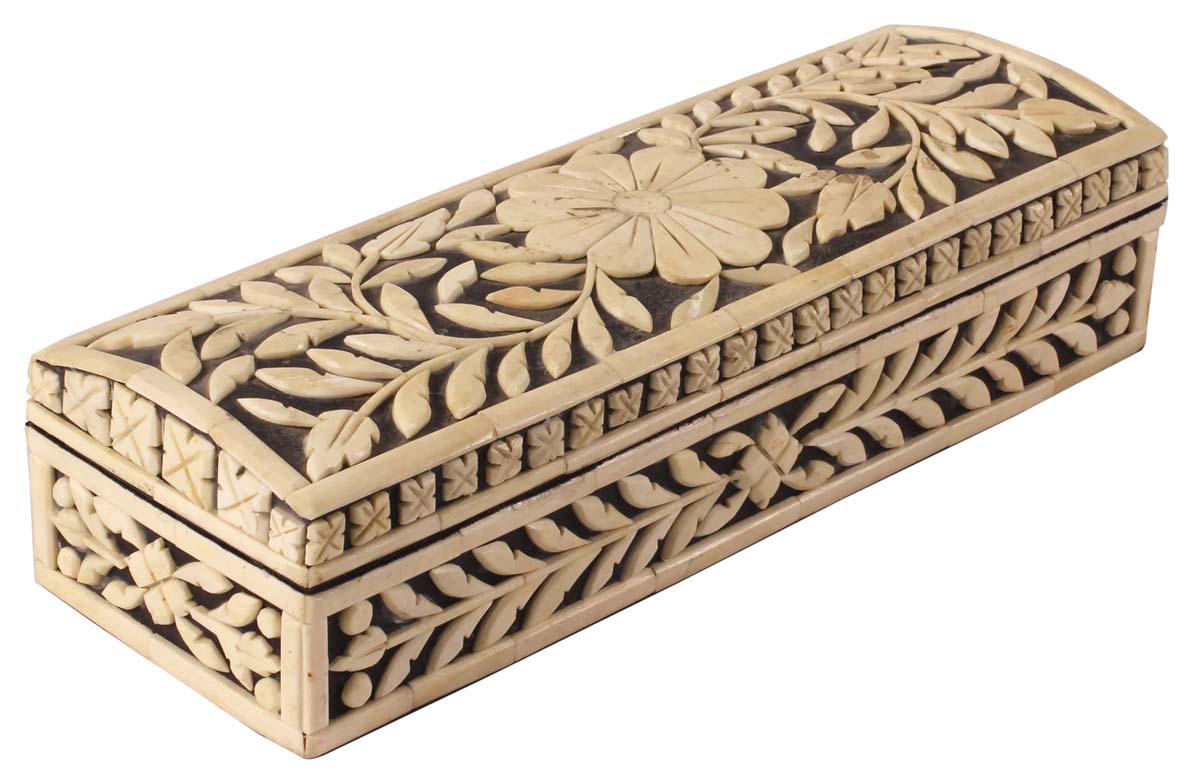 12” Decorative Treasure-Chest / Jewelry Box in Bone & Natural-Wood - With Carved Floral Motifs - Antique-Look Gifts for Her from India - Buy in Bulk Wholesale