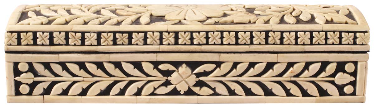 12” Decorative Treasure-Chest / Jewelry Box in Bone & Natural-Wood - With Carved Floral Motifs - Antique-Look Gifts for Her from India - Buy in Bulk Wholesale