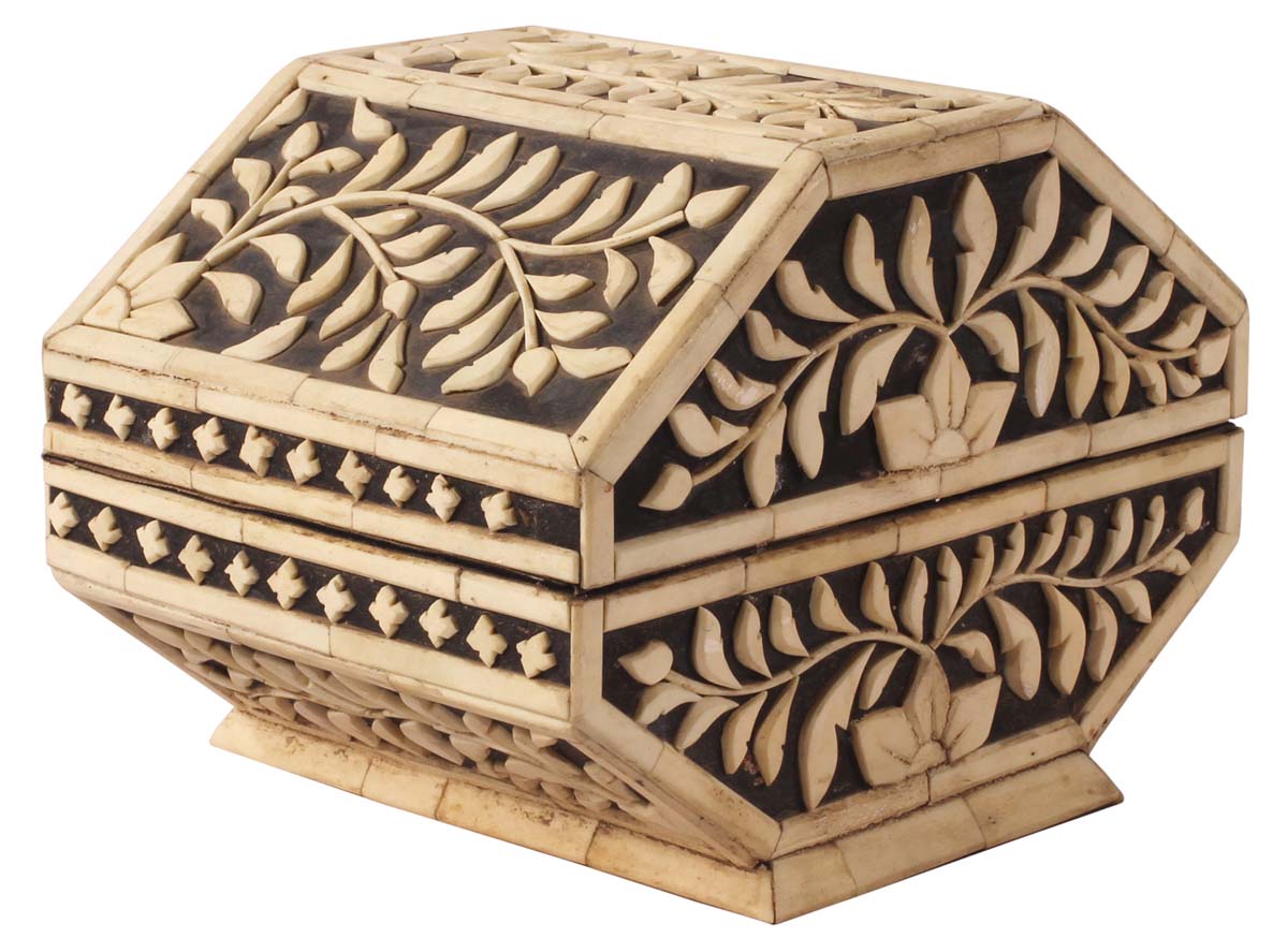 8” Decorative Treasure-Chest / Jewelry Box in Bone & Natural-Wood - With Carved Floral Motifs - Antique-Look Gifts for Her from India - Buy in Bulk Wholesale