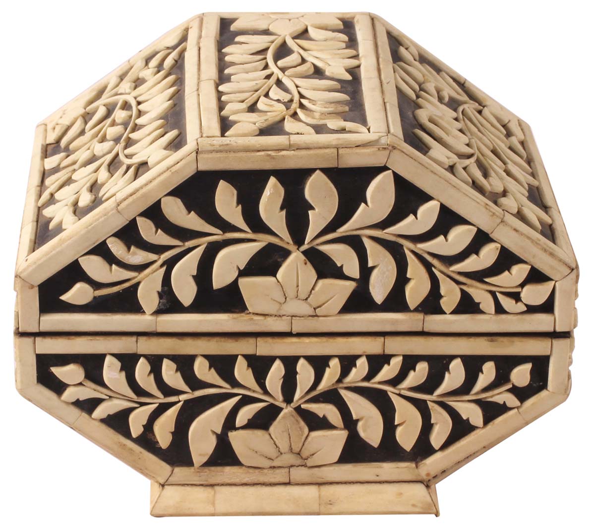 8” Decorative Treasure-Chest / Jewelry Box in Bone & Natural-Wood - With Carved Floral Motifs - Antique-Look Gifts for Her from India - Buy in Bulk Wholesale