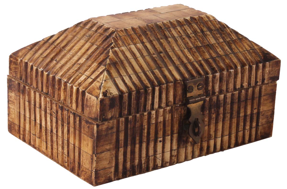 8” Decorative Treasure-Chest / Jewelry Box in Bone & Natural-Wood - Burnished Brown with Ribbed Pattern - Antique-Look Gifts for Her from India - Buy in Bulk Wholesale