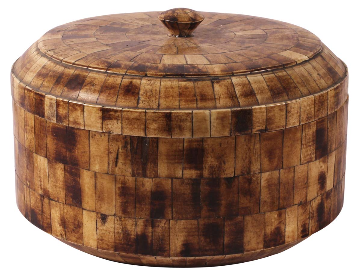 12” Round Jewelry Box / Keepsake Box with Lid - In Bone & Mango-Wood - Burnished Brown Texture - Decor / Essentials / Gifts for Her - Buy in Bulk Wholesale