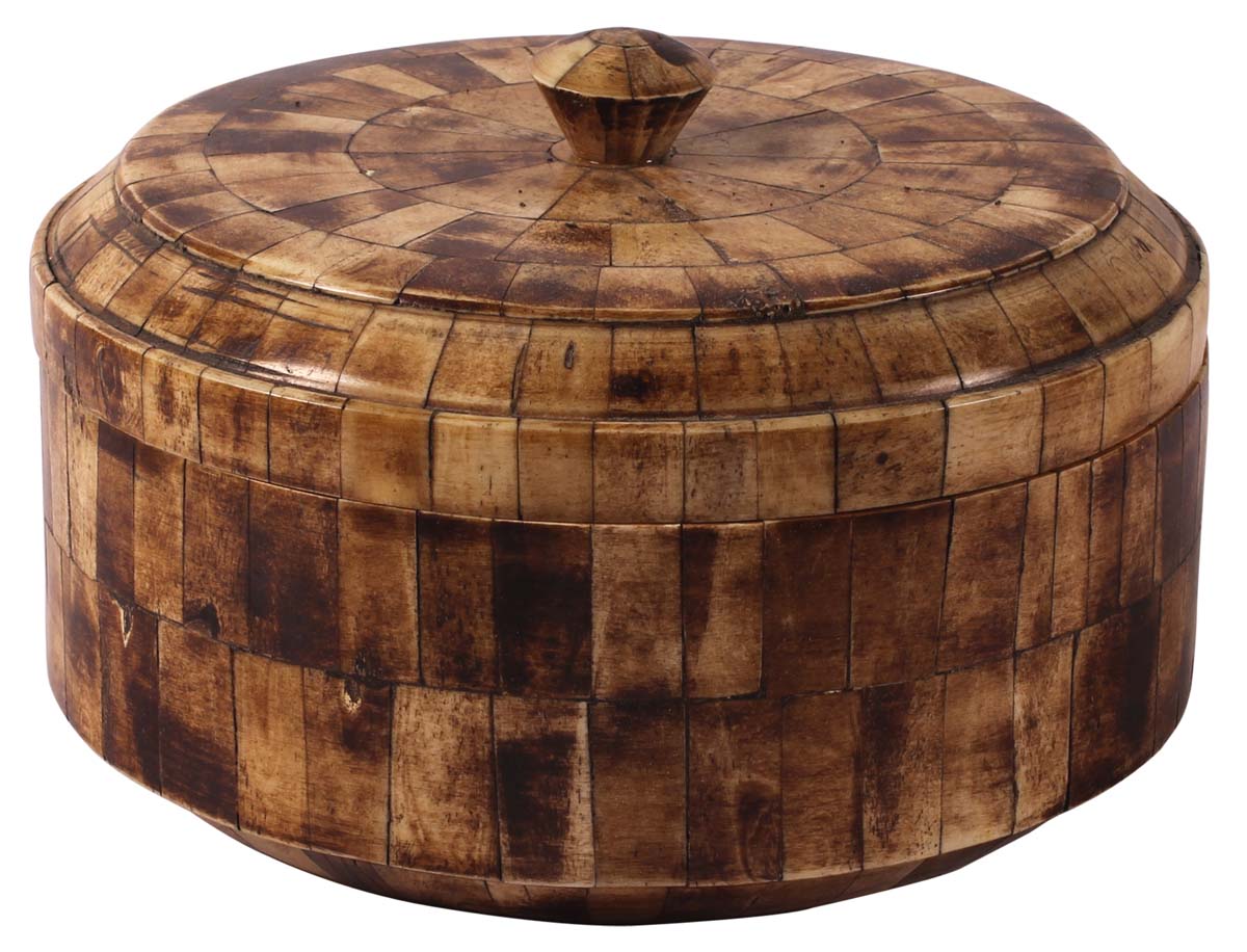 9” Round Jewelry Box / Keepsake Box with Lid - In Bone & Mango-Wood - Burnished Brown Texture - Decor / Essentials / Gifts for Her - Buy in Bulk Wholesale