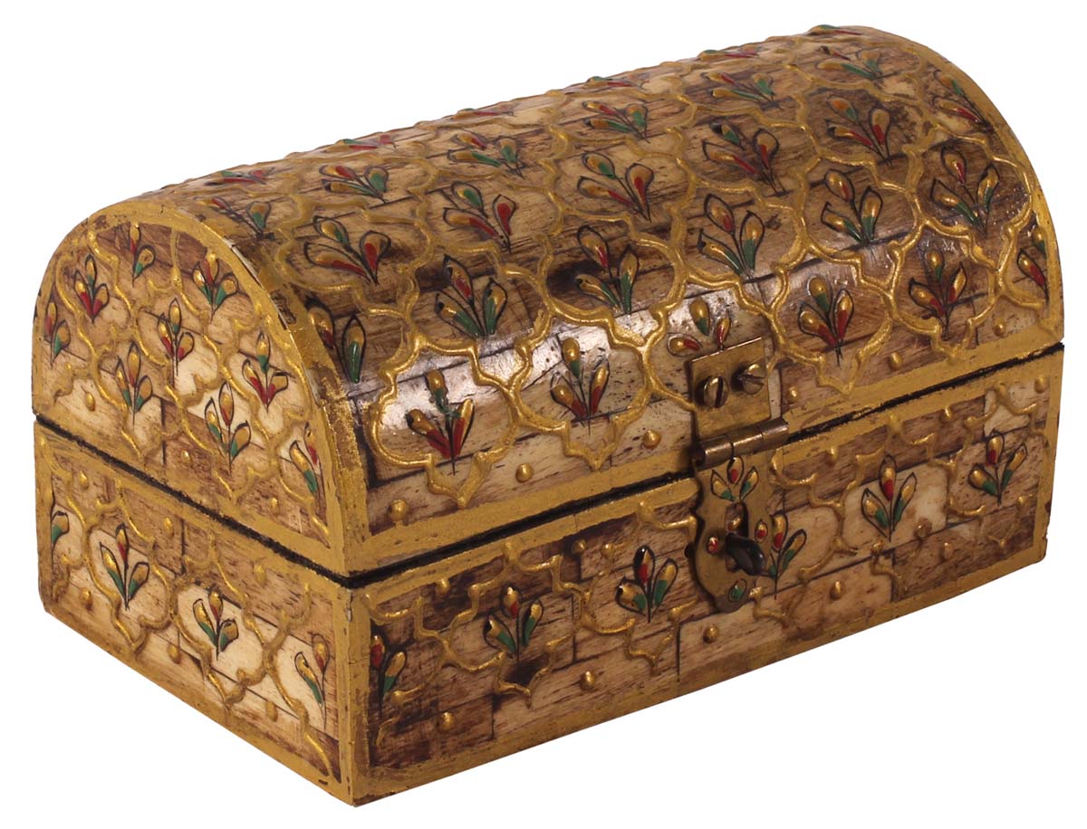 6” Decorative Treasure-Chest / Jewelry Box in Bone & Natural-Wood - Colorful Box with Golden Motifs - Antique-Look Gifts for Her from India - Buy in Bulk Wholesale