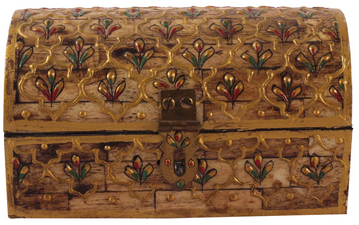 6” Decorative Treasure-Chest / Jewelry Box in Bone & Natural-Wood - Colorful Box with Golden Motifs - Antique-Look Gifts for Her from India - Buy in Bulk Wholesale