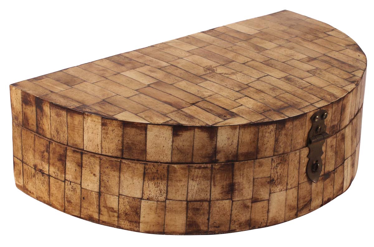 12” Semicircular Treasure-Chest / Jewelry Box in Bone & Natural-Wood - Textured Brown - Antique-Look Gifts for Her from India - Buy in Bulk Wholesale