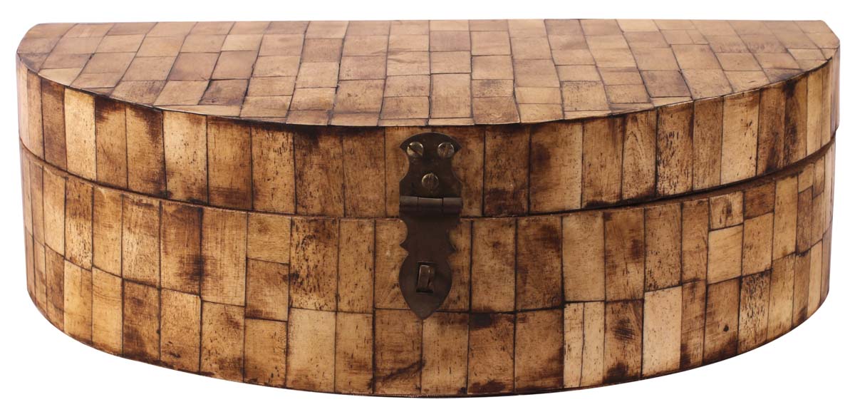 12” Semicircular Treasure-Chest / Jewelry Box in Bone & Natural-Wood - Textured Brown - Antique-Look Gifts for Her from India - Buy in Bulk Wholesale