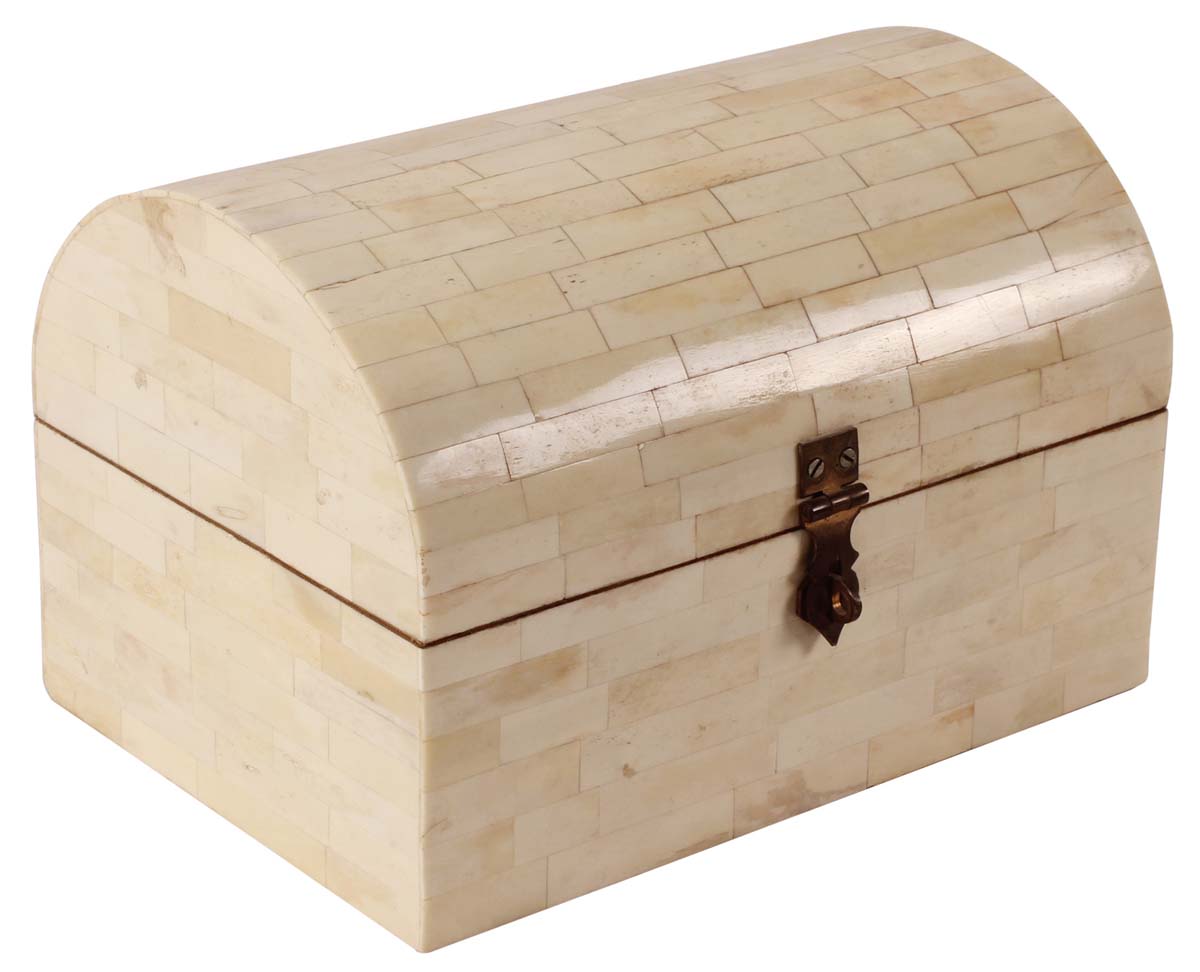 10” Treasure-Chest / Jewelry Box in Natural-Bone & Natural-Wood - Textured Beige Color - Antique-Look Gifts for Her from India - Buy in Bulk Wholesale
