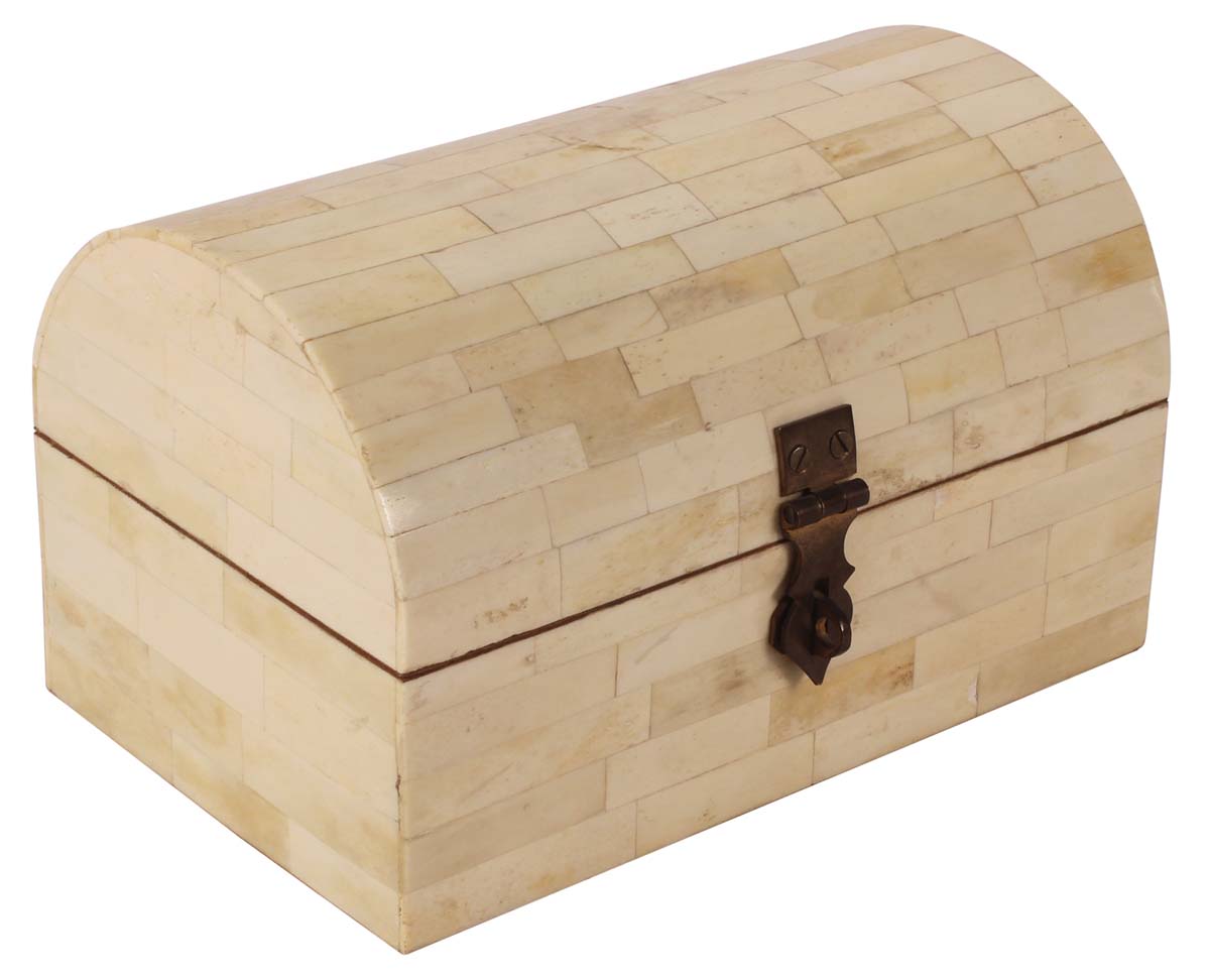8” Treasure-Chest / Jewelry Box in Natural-Bone & Natural-Wood - Textured Beige Color - Antique-Look Gifts for Her from India - Buy in Bulk Wholesale
