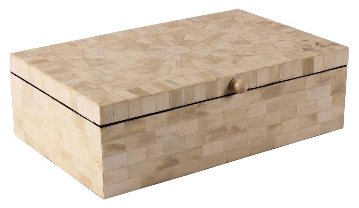 13” Rectangular Keepsake / Jewelry Box in Natural-Bone & Wood - Textured Beige Color - Antique-Look Gifts for Her from India - Buy in Bulk Wholesale