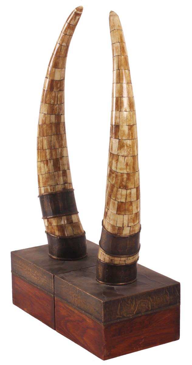 22” Horn Showpiece in Natural-Bone & Wood with Brass Cuffs - Pair - Antique-Look Home Decor - Buy in Bulk Wholesale
