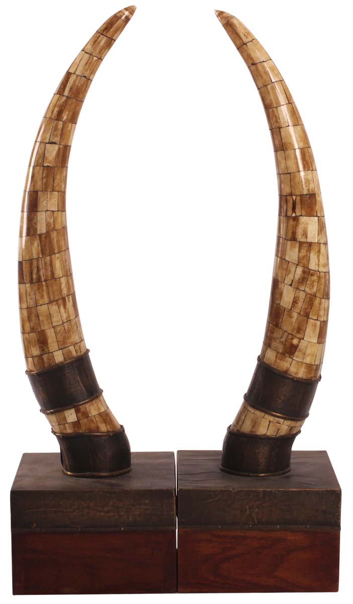22” Horn Showpiece in Natural-Bone & Wood with Brass Cuffs - Pair - Antique-Look Home Decor - Buy in Bulk Wholesale