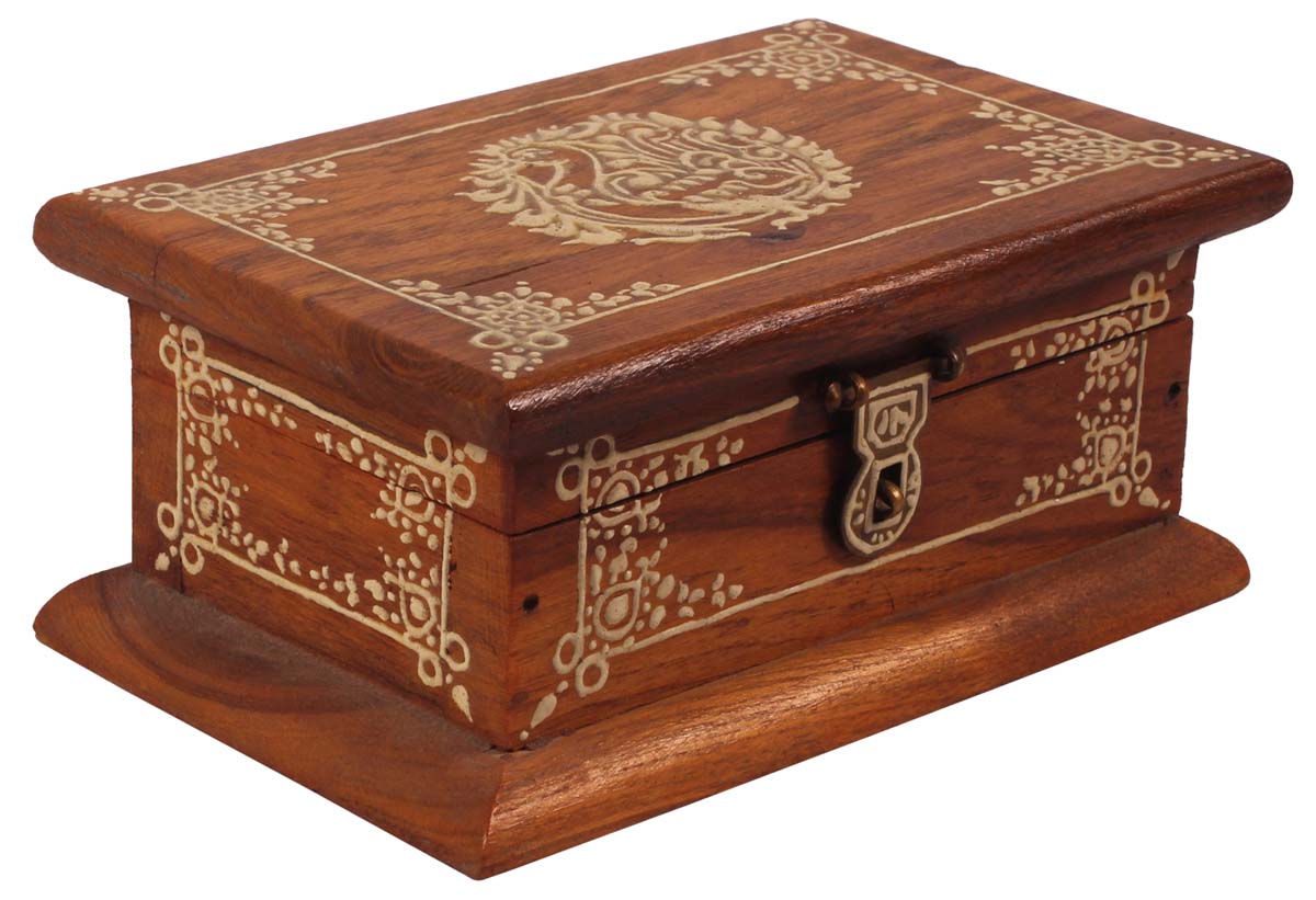 6” Jewelry-Box in Natural-Wood with Cone-Painting Art - Brown - Antique-Look Keepsake Box from India - Buy in Bulk Wholesale