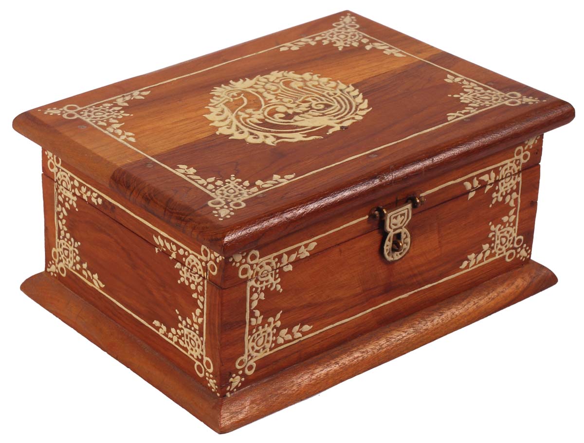8” Jewelry-Box in Natural-Wood with Cone-Painting Art - Brown - Antique-Look Keepsake Box from India - Buy in Bulk Wholesale