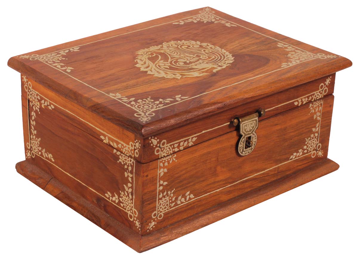10” Jewelry-Box in Mango-Wood with Cone-Painting Art - Brown - Antique-Look Keepsake Box from India - Buy in Bulk Wholesale