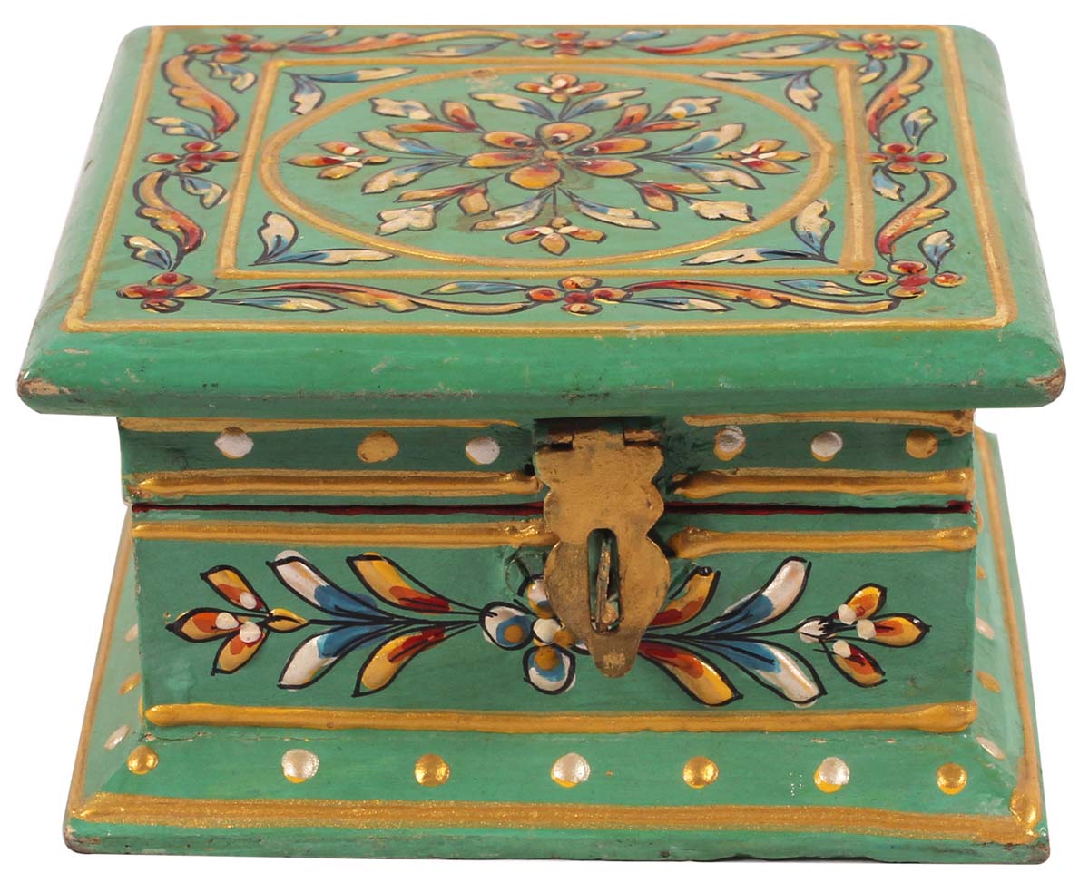 4.5” Jewelry-Box in Mango-Wood with Cone-Painting Floral Art - Green - Antique-Look Keepsake Box from India - Buy in Bulk Wholesale