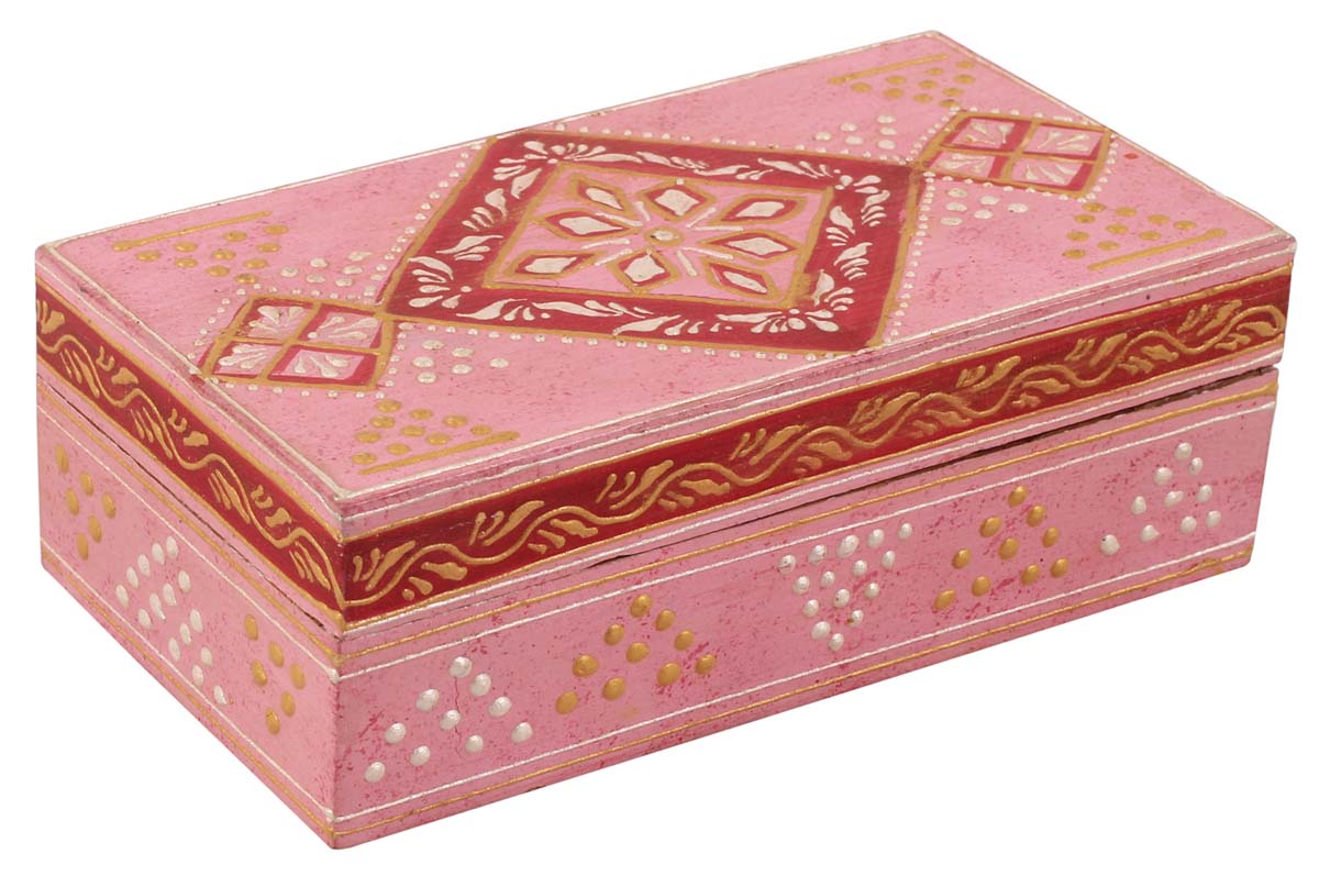 6.5” Jewelry-Box in Mango-Wood with Cone-Painting Art in Traditional Motifs - Pink & Red - Antique-Look Keepsake Box from India - Buy in Bulk Wholesale