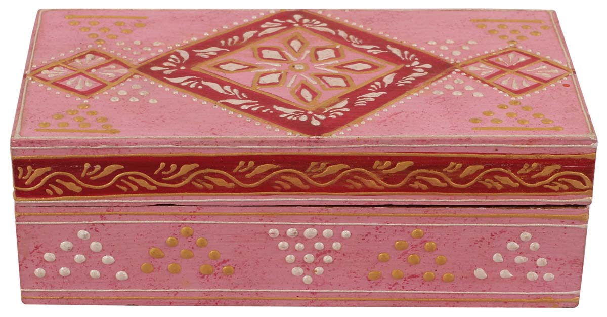 6.5” Jewelry-Box in Mango-Wood with Cone-Painting Art in Traditional Motifs - Pink & Red - Antique-Look Keepsake Box from India - Buy in Bulk Wholesale