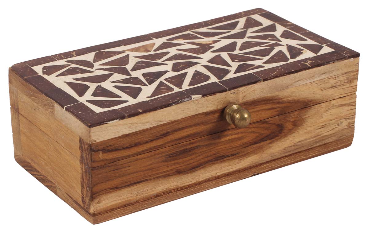 6.5” Handmade Wood Jewelry-Box - Decorated with Coconut-Shell - Artistic Utility Boxes - Buy in Bulk Wholesale