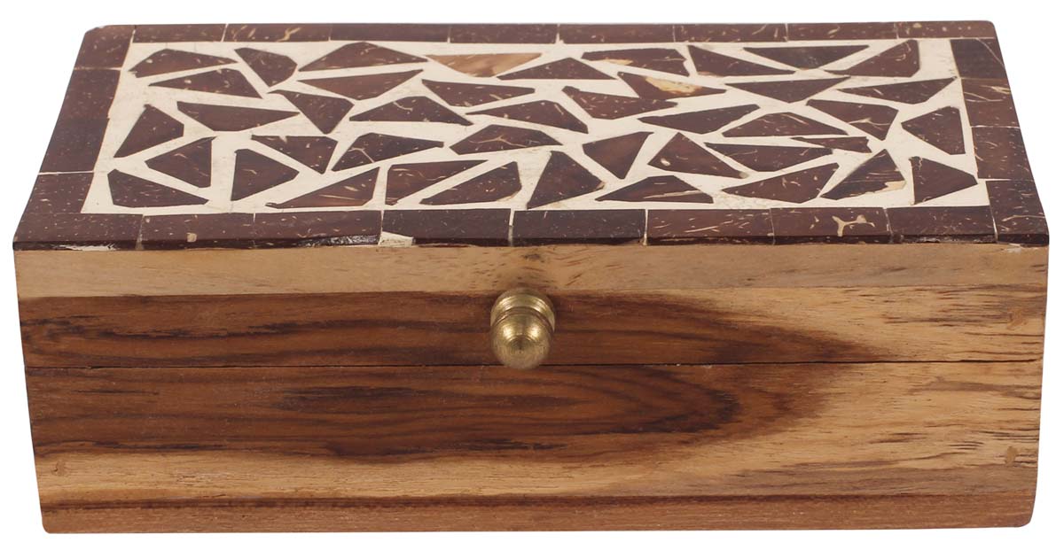 6.5” Handmade Wood Jewelry-Box - Decorated with Coconut-Shell - Artistic Utility Boxes - Buy in Bulk Wholesale